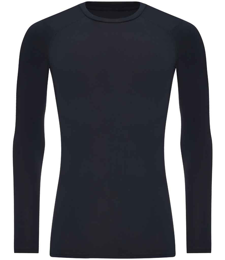 Men's eco-friendly long sleeve base layer styled for performance, highlighting the premium recycled polyester and elastane blend.