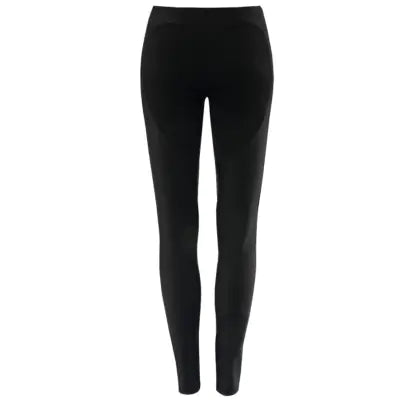 Back view of luxurious black leggings designed for women, featuring a chic butt-lift design, perfect for yoga or casual wear.