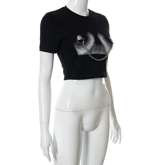Side view of the Daring Chain Cropped Women's Urban Chic Streetwear Tee on a mannequin, highlighting the distinctive chain design and cropped fit in sophisticated black.