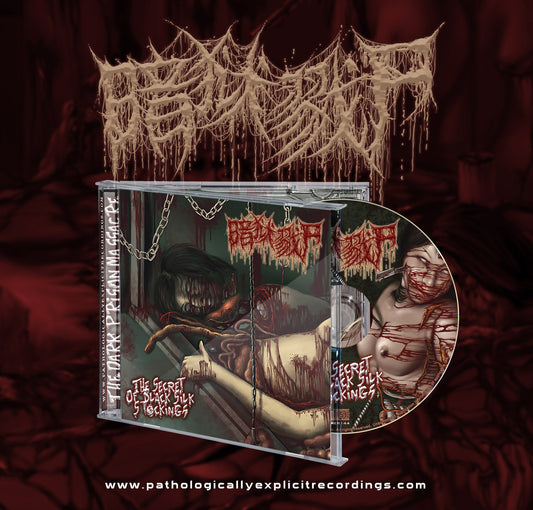 The Dark Prison Massacre album 'Secret of Black Silk Stockings' CD cover art by Rancid Offal Records, featuring dark and dramatic imagery that encapsulates the essence of death metal music.