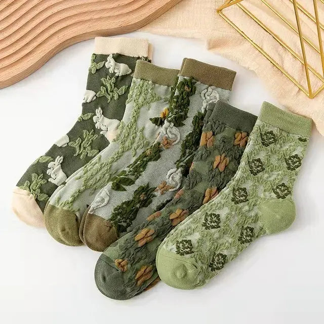 5 Pairs Women's Vintage Flower Embroidery Socks