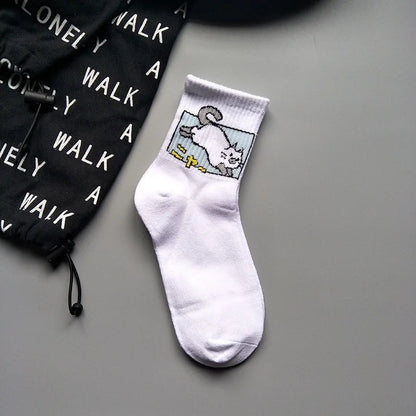 Stylish Hip Hop Long Socks for Women & Girls featuring a playful cartoon design with a white cat, crafted from a comfortable cotton and polyester blend.