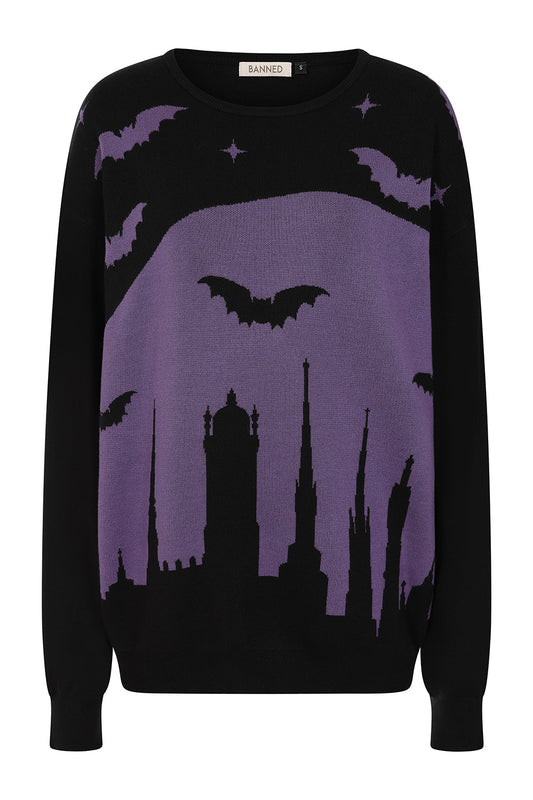 Banned Apparel Lyra Jumper in purple and black featuring a gothic bat and skyline design, perfect for creating an atmospheric night-time look.