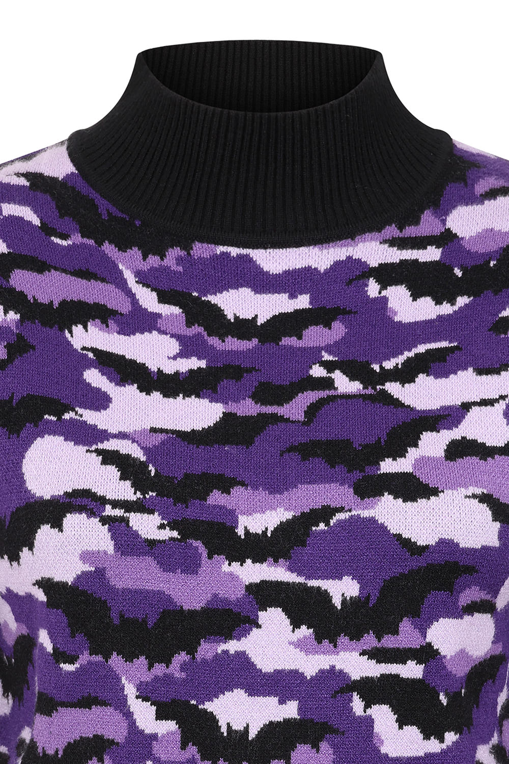 Close-up details of the cropped Vex Jumper, emphasizing the soft knit texture and playful bat camo pattern ideal for alternative fashion.