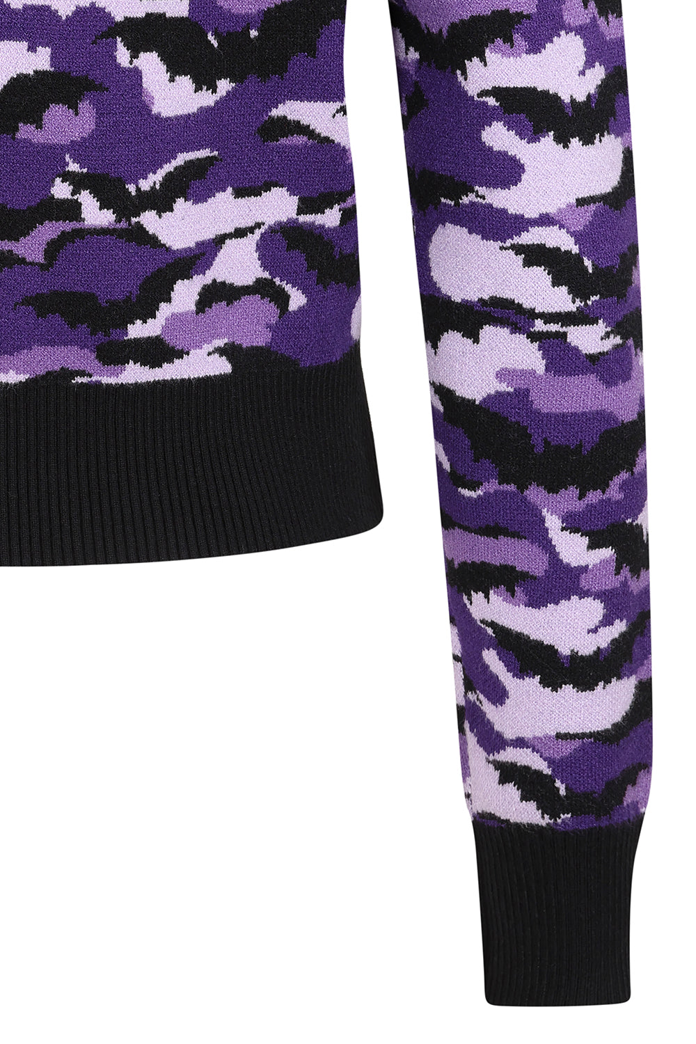 Elegant Banned Apparel Vex Jumper showcasing a striking bat camo print in purple, lilac, and black, designed for a chic goth street style. Features a refined mock neck and a cropped silhouette, perfect for layering and making a bold fashion statement.