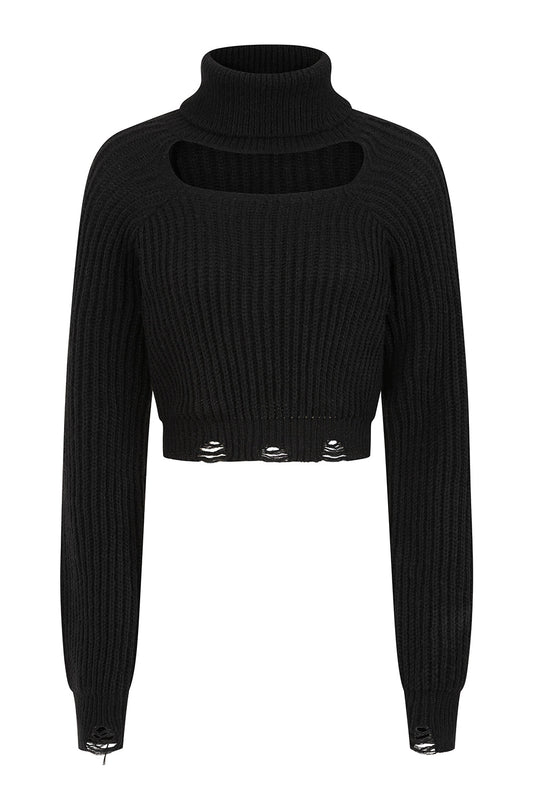 Elegant Elysia black cropped jumper showcasing a high roll-neck design with a chic chest cut-out and sophisticated distressed detailing.