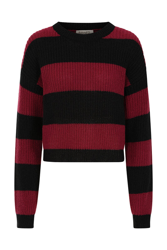 Luxurious Banned Apparel Elara Cropped Jumper in striking black and blood red stripes, showcasing a gothic punk aesthetic in a soft knit fabric.