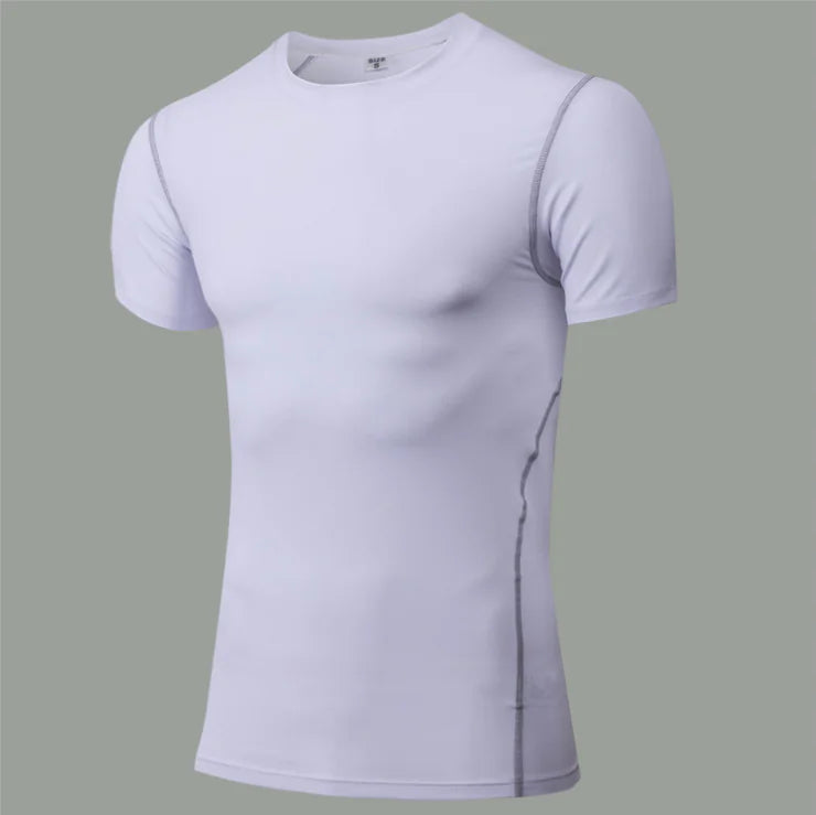 Elegant white premium athletic compression short sleeve t-shirt for optimal workout performance and comfort.