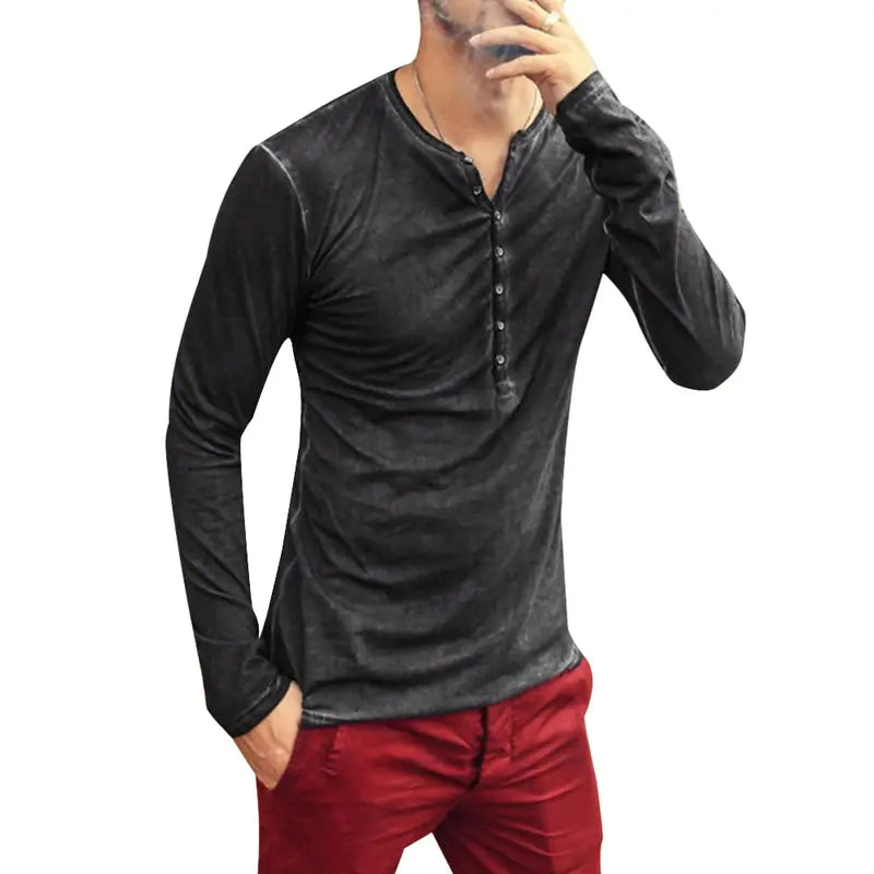 Men's Tee Shirt Button up V-Neck Long Sleeve