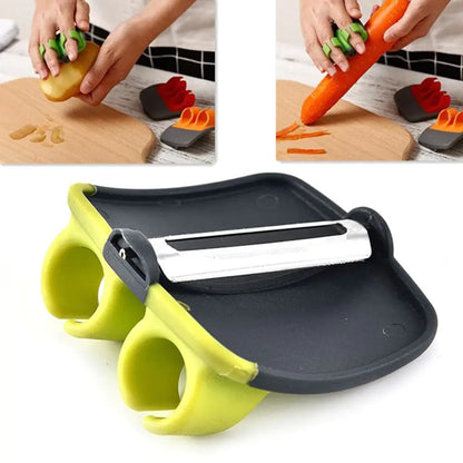Innovative fruit and vegetable peeler in use, demonstrating its precision and ergonomic features with an emphasis on user comfort while preparing food.