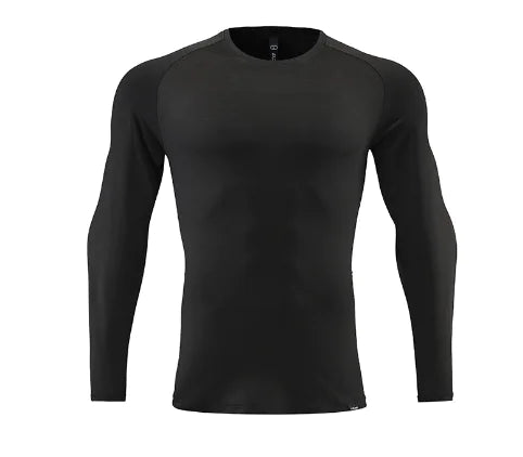 Elegant black long sleeve compression shirt for men, showcasing a refined fit and perfect for high-intensity sports activities.