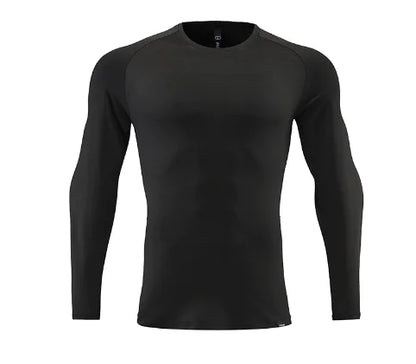 Elegant black long sleeve compression shirt for men, showcasing a refined fit and perfect for high-intensity sports activities.