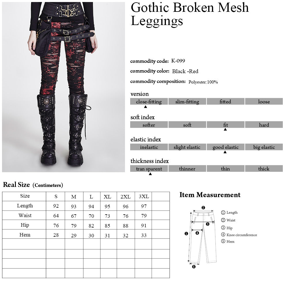 Model wearing Punk Rave Lara black mesh distressed leggings with red splatter, emphasizing the flattering fit and comfort of this exquisite gothic piece.