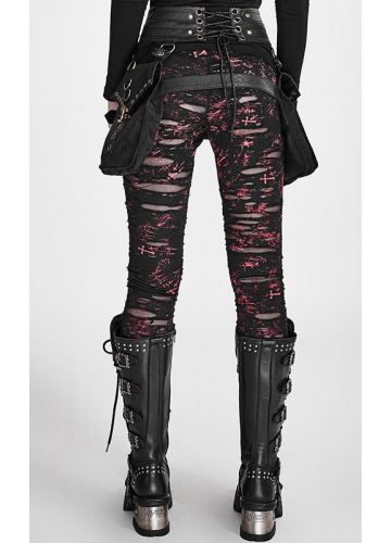 Close-up view of Punk Rave Lara gothalyptic leggings, highlighting the intricate details of the black mesh and distressed rips, ideal for a chic alternative fashion statement.