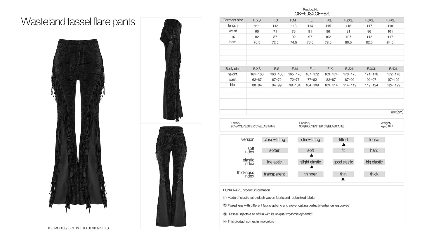 Detailed external view of the figure-enhancing fabric panel design of Punk Rave Morrigan Wasteland Tassel Flare Trousers, perfect for goth, punk, and stylish outfits.