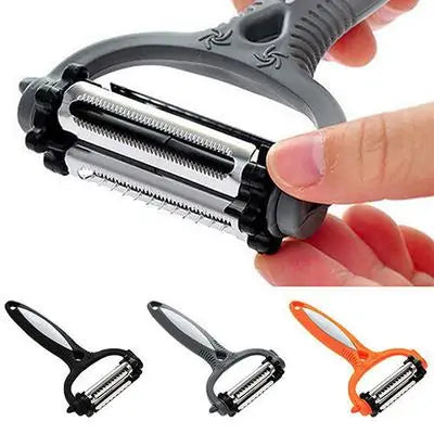 Close-up of a stylish multi-functional rotary peeler, highlighting its precision blades and ergonomic handle, perfect for effortless culinary tasks.