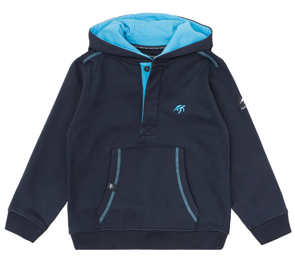 Luxurious Children's Cotton Boatyard Button-Up Hoodie featuring a stylish kangaroo pocket design, crafted from soft 100% cotton, adorned with a signature Mullins Bay turtle print.