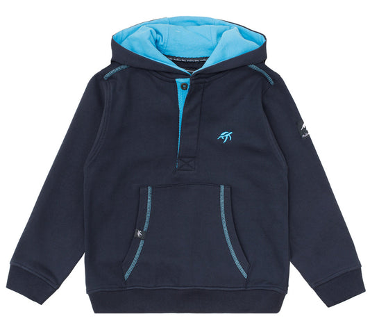 Luxurious Children's Cotton Boatyard Button-Up Hoodie featuring a stylish kangaroo pocket design, crafted from soft 100% cotton, adorned with a signature Mullins Bay turtle print.