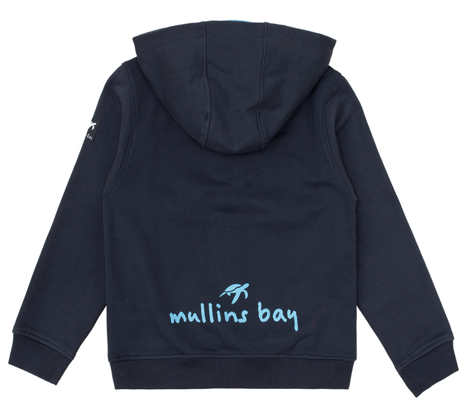 Elegant close-up of the Children's Cotton Boatyard Button-Up Hoodie showcasing the contrast colour inside the hood and the high-quality embroidered Mullins turtle logo.