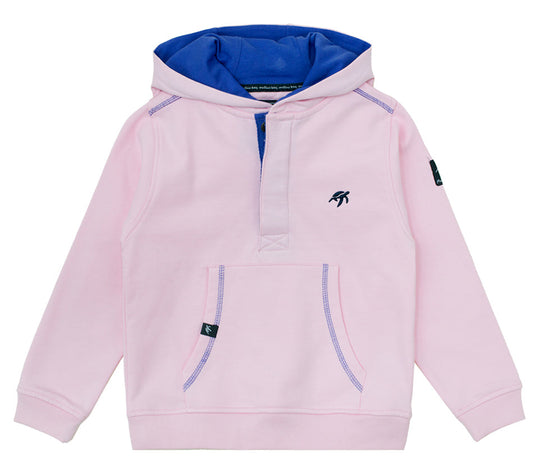 Children's luxury ice pink boatyard button-up hooded sweatshirt by Mullins Bay Clothing, featuring soft cotton fabric, kangaroo pockets, and a stylish contrast lining.