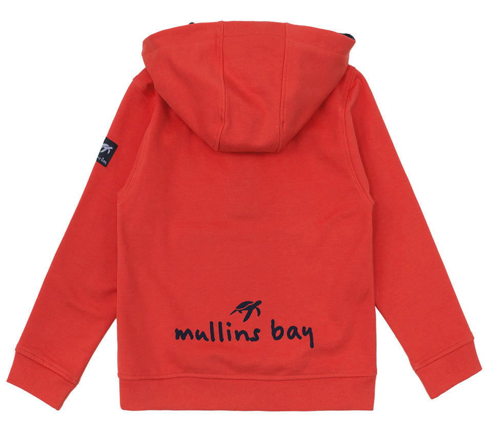 Close-up view of the Children's Spicy Red Boatyard Hooded Sweatshirt showcasing the elegant kangaroo pockets and signature Mullins Bay turtle embroidery on the left chest, perfect for stylish comfort.