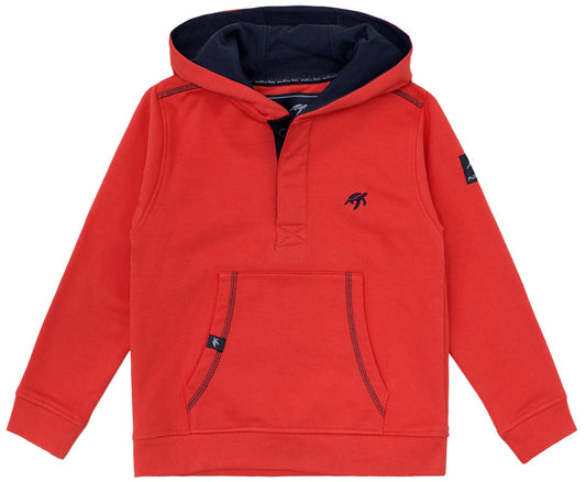Children's Spicy Red Boatyard Hooded Sweatshirt featuring luxurious soft cotton fabric, adorned with a whimsical turtle print on the back hem, designed with ribbed cuffs and hem for a chic finish.
