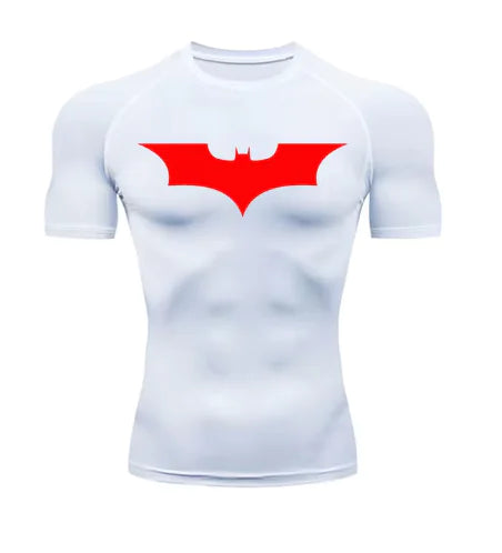 Sleek white long sleeve compression shirt featuring a striking red Batman emblem, engineered for luxurious comfort and UV shielding.