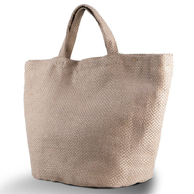 Luxury eco-friendly 58L natural jute bag featuring a zipped pocket and matching handles, perfect for sustainable living.