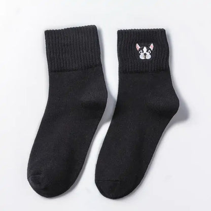 Cozy Women's Cotton French Bulldog Embroidered Socks in classic black, adorned with a delightful French Bulldog design on the cuff. Ideal gift for dog enthusiasts.