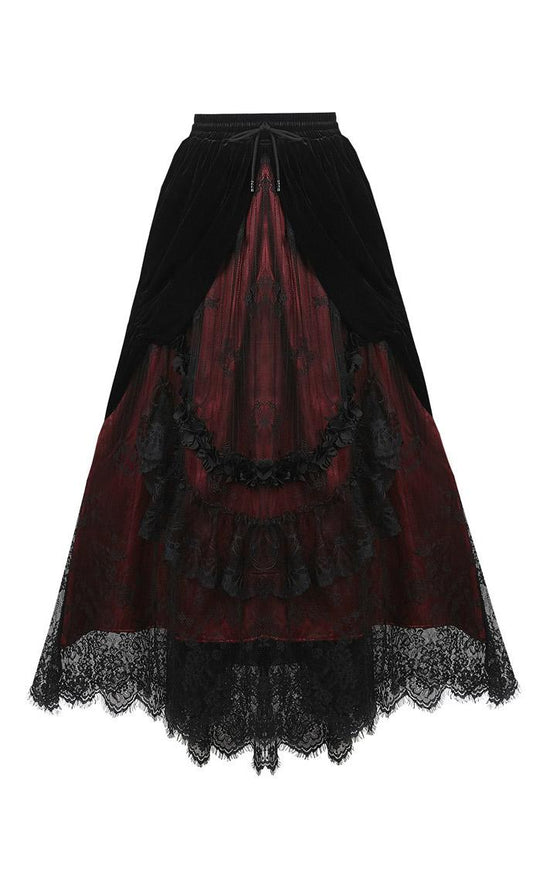 Arabella Red Maxi Skirt featuring luxurious layers of black velvet and lace, elegantly draped for a sophisticated look, perfect for UK sizes 8-16.