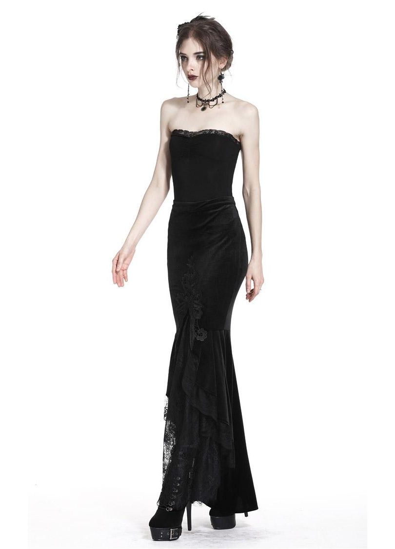 Dark In Love Cordelia Fishtail Skirt in Black Velvet with Lace Detailing - 42" Length