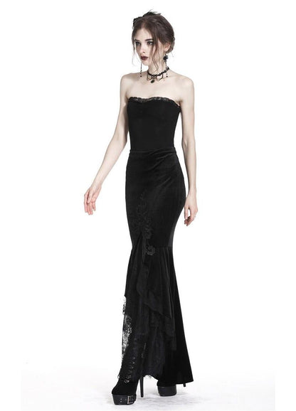 Dark In Love Cordelia Fishtail Skirt in Black Velvet with Lace Detailing - 42" Length
