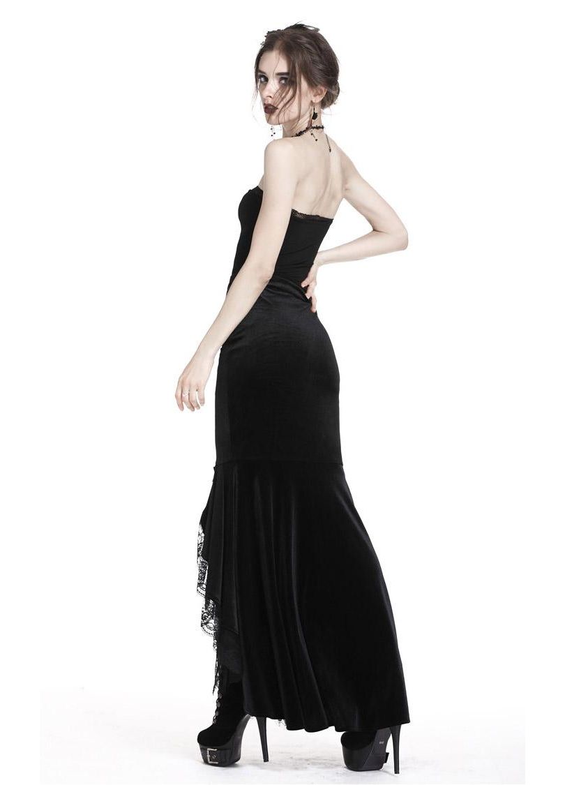 Dark In Love Cordelia Fishtail Skirt in Black Velvet with Lace Detailing - 42" Length