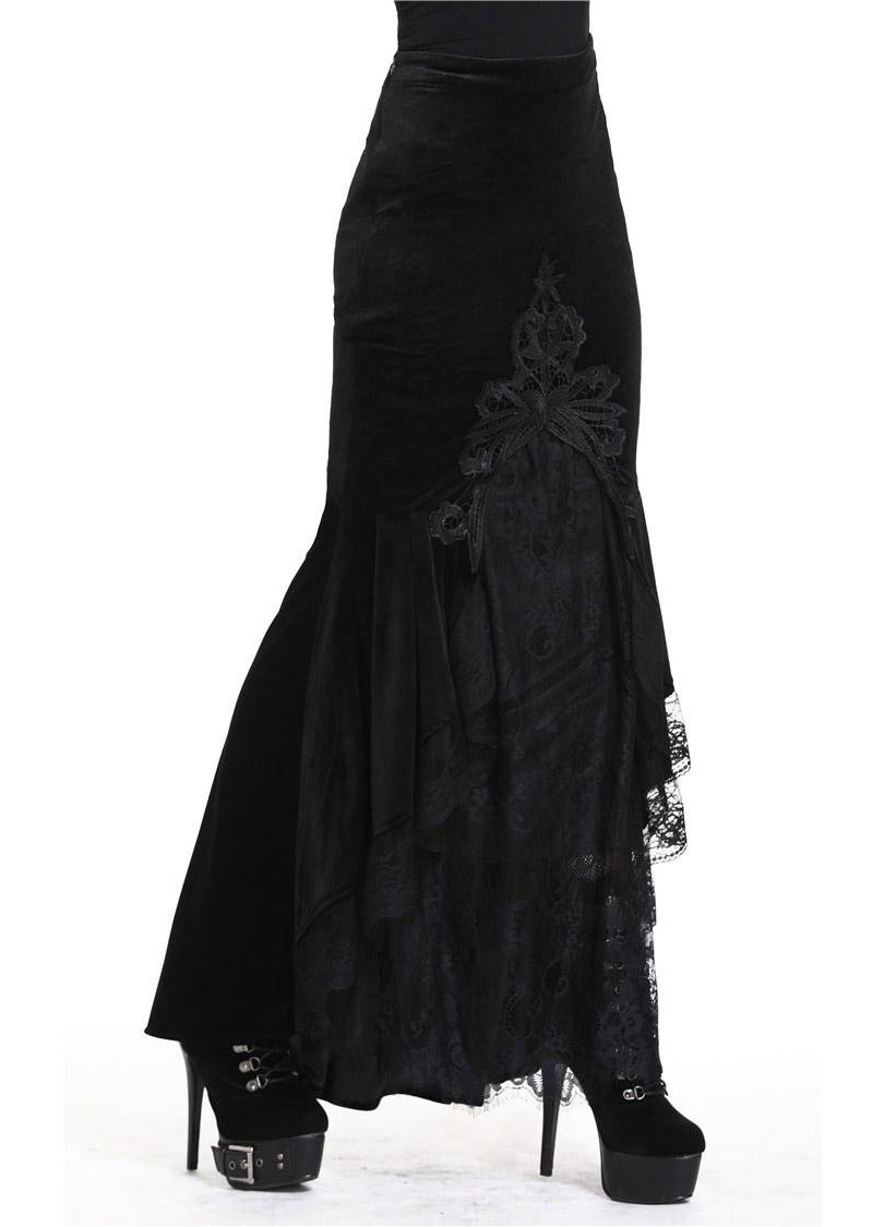 Dark In Love Cordelia Fishtail Skirt in Black Velvet with Lace Detailing - 42" Length