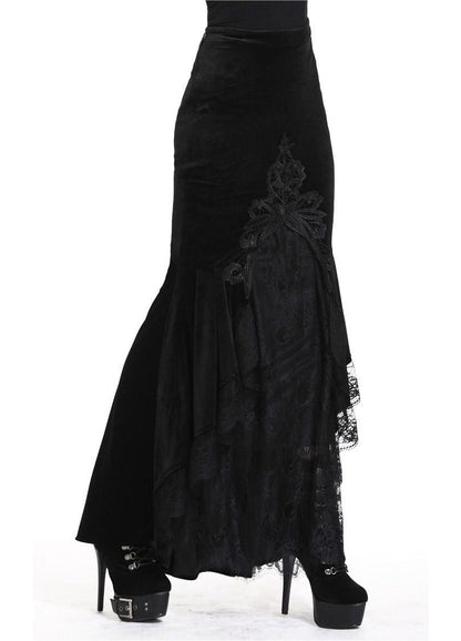 Dark In Love Cordelia Fishtail Skirt in Black Velvet with Lace Detailing - 42" Length
