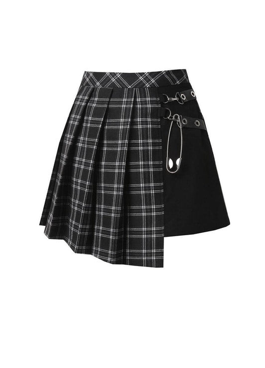 Chic Dark In Love Leah Mini Skirt featuring elegant black and white tartan pattern with stylish faux leather detailing, suitable for sizes 8-14.
