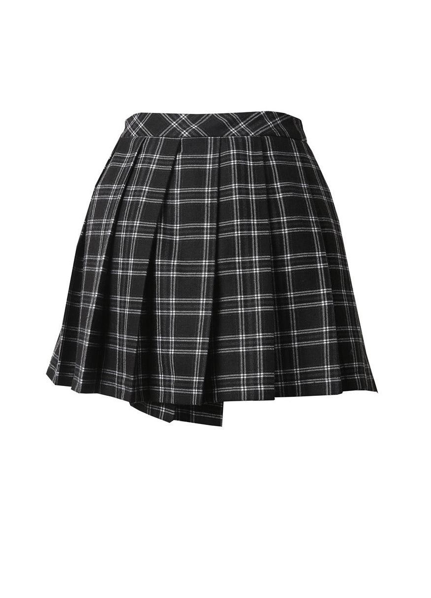 Chic Dark In Love mini skirt in elegant black and white tartan with faux leather detailing, perfect for stylish layering.