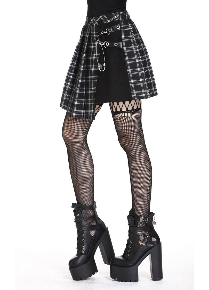 Vibrant display of the Leah mini skirt featuring a hidden side zip, characterised by a sophisticated black and white tartan pattern.