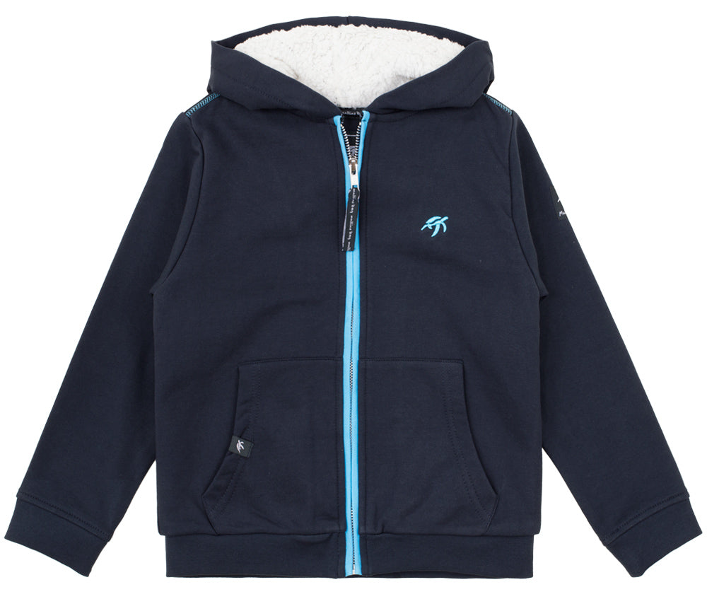 Luxurious children's full zip hooded jacket crafted from soft cotton, featuring a cosy lining, contrast zip, and signature Mullins Bay turtle emblem. Perfect for layering.