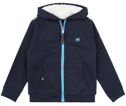 Luxurious children's full zip hooded jacket crafted from soft cotton, featuring a cosy lining, contrast zip, and signature Mullins Bay turtle emblem. Perfect for layering.
