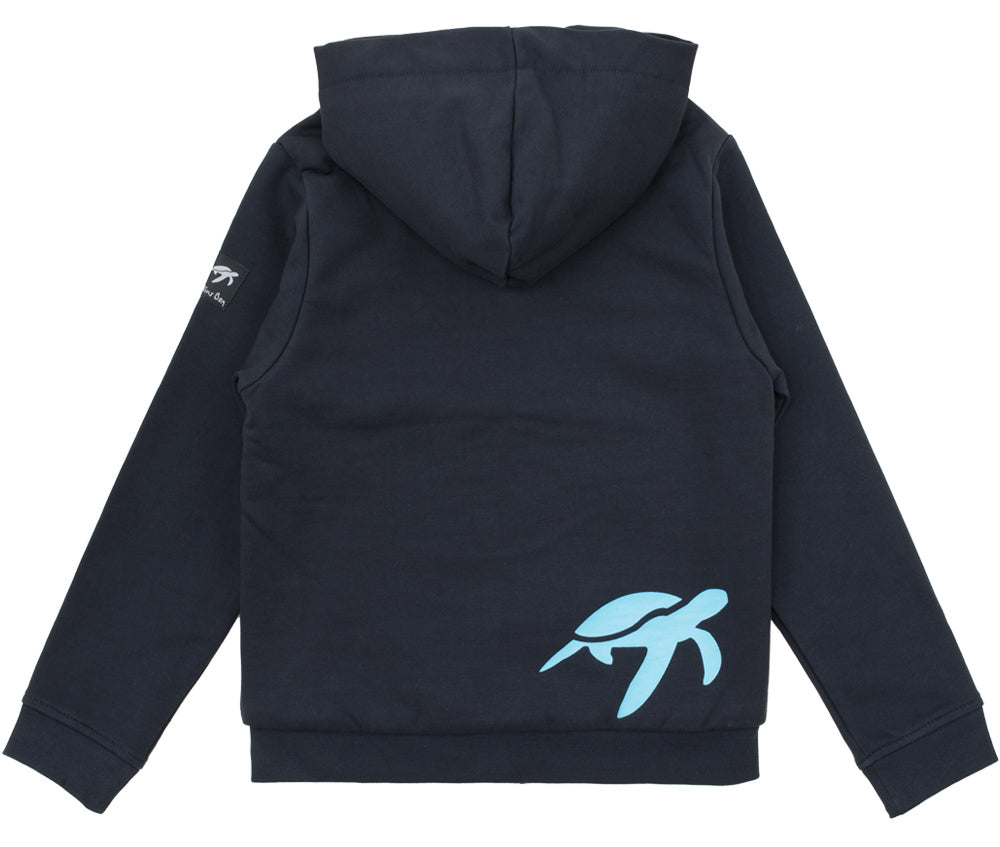 Elegant children's hooded jacket with front pockets and ribbed cuffs, designed in soft cotton with premium comfort for chilly days, showcasing the exclusive Mullins Bay turtle print.