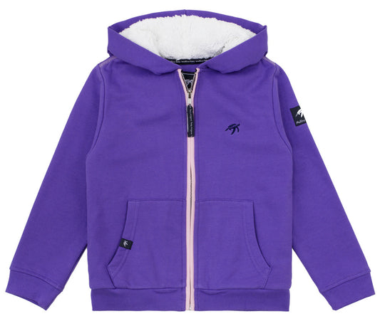 Luxurious girls' full zip hooded jacket in indigo haze with cozy lining, featuring elegant ice pink accents, by Mullins Bay Clothing.