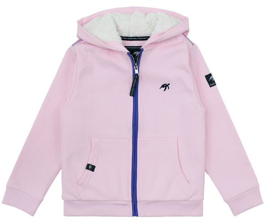 Luxurious girls' full zip hooded jacket in soft ice pink with elegant contrast indigo trim, featuring cosy cotton lining and stylish Mullins Bay turtle print detailing.