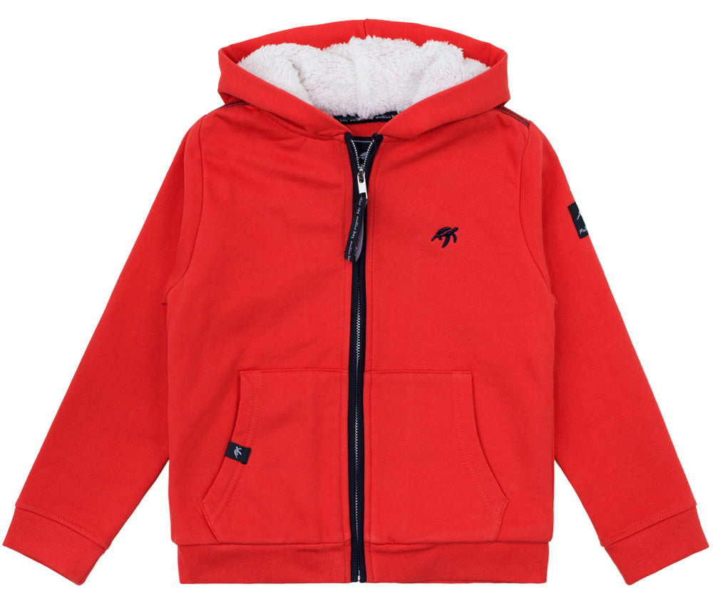 Luxurious children's full zip hooded jacket in spicy red, featuring lush cozy lining, contrast zip detail, and elegant Mullins Bay turtle design on back hem.