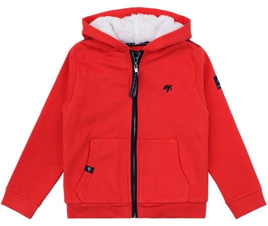 Luxurious children's full zip hooded jacket in spicy red, featuring lush cozy lining, contrast zip detail, and elegant Mullins Bay turtle design on back hem.