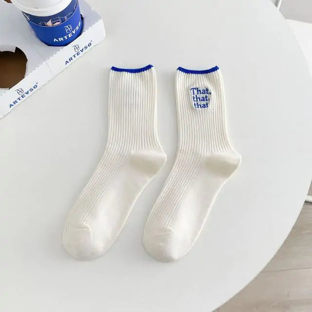 White Embroidered Slogan Socks for Women