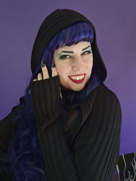 Necessary Evil Sabrina Ribbed Hooded Cardigan - Gothic Draped Layering Essential UK Sizes 10-14