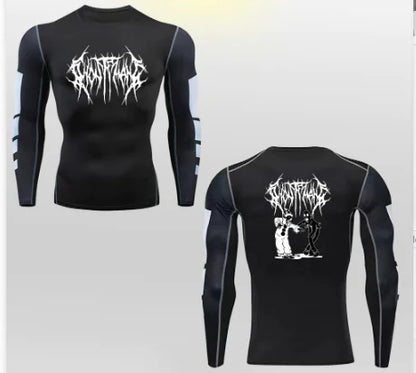Luxury high-performance long-sleeve compression t-shirt featuring unique 2D printed design, ideal for intense workouts and athletic activities.