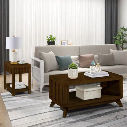 Luxurious living room featuring a walnut rectangular coffee table alongside a matching side table, both beautifully arranged with decor, in a modern and inviting atmosphere.