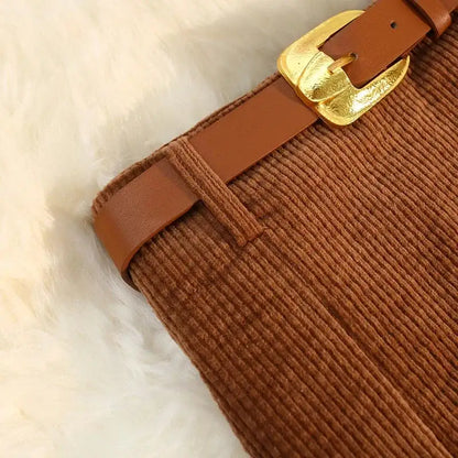 Elegant Women's Corduroy Skirt in soft polyester, showcasing a flattering fit and luxurious design by Dazzling Dreams Studio.